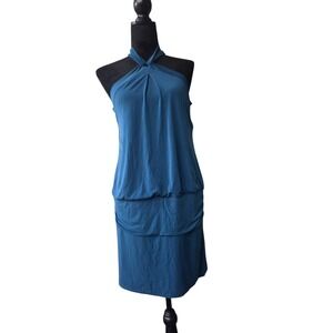 Enfocus Studio Teal Blue Halter Blouson Dress Ruched Skirt Size 8